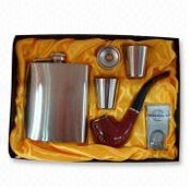 6oz Stainless Steel Hip Flask with Filler, Lighter, and Tobacco Pipe images