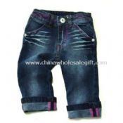 Girls Jeans with Print at Back Heart Pocket and Blue Stretch Denim Fabric images