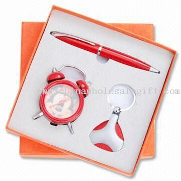 Three-piece Stationery Gift Sets, Includes Alarm Clock, Keychain and Ballpoint Pen