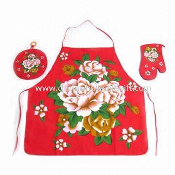 Four-piece Kitchen Set Made of 100% Cotton Includes Apron Towel Glove and Pot Holder