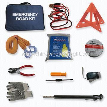 Automobile Repair Tool Set with Tool Kit Bag, Jumper Cable, Emergency Torch, Tire Tools, Tow Strap