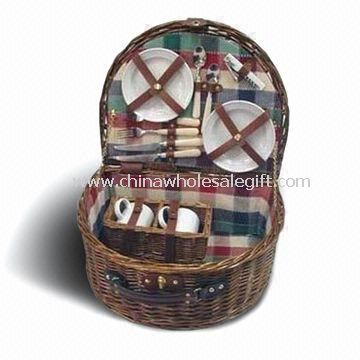 Wicker Picnic Basket Composed of Metal Spoon, Basket and Ceramic Cups