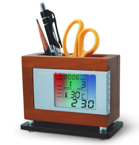 Wooden Pen Holder with Clock & Calendar