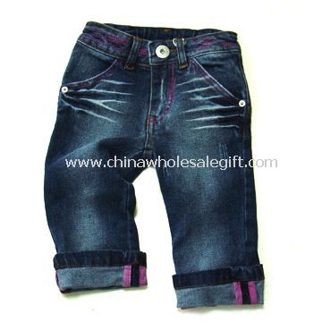 Girls Jeans with Print at Back Heart Pocket and Blue Stretch Denim Fabric