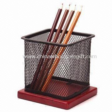 Mesh Pencil Holder with Wooden Base