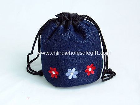 Denim Drawstring Pouch with Embroidery