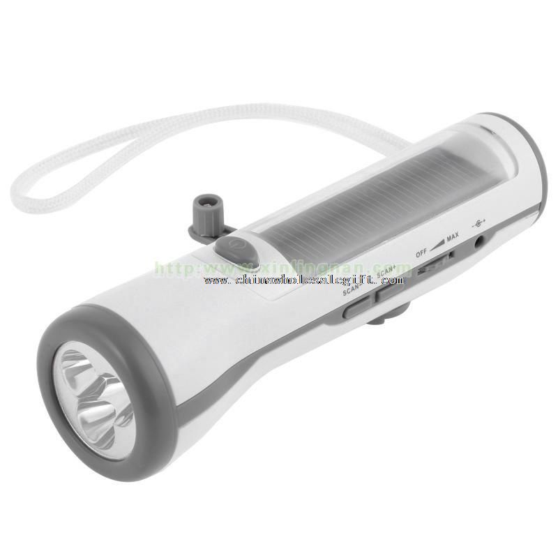 Crank dynamo solar flashlight radio with LED light