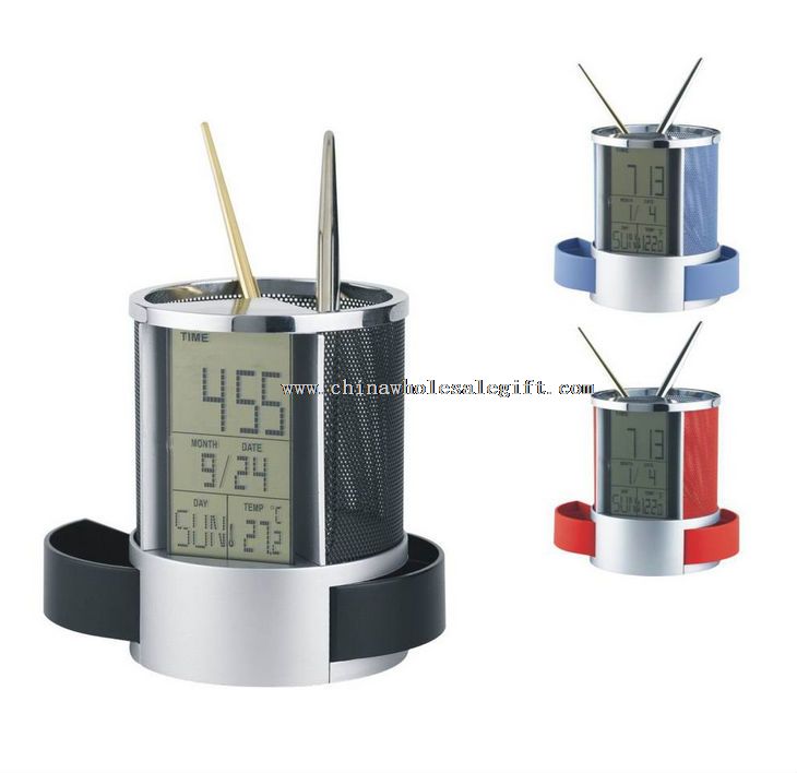 Mesh metal fashion table calendar clock penholder