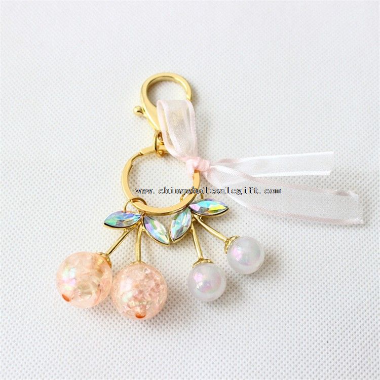 3D Mini Cherry Pink Ribbon Crystal Beads keychain