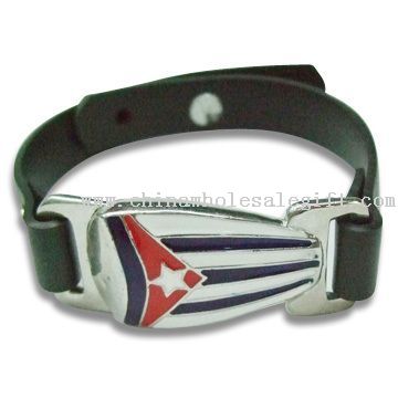 Snap Button Fastening Black Rubber Wristband with Enameled Alloy Metal Trim