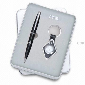 Two-piece Stationery Gift Set, Includes Ball Pen/Clock Inside Keychain, for Promotional Purposes