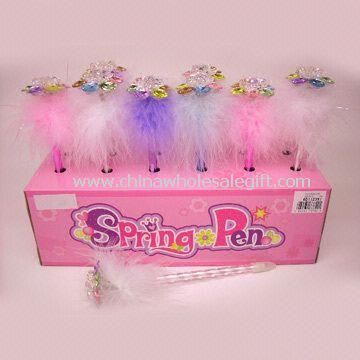 Plastic Novelty Pen with Flower Style Gem and Feather Design