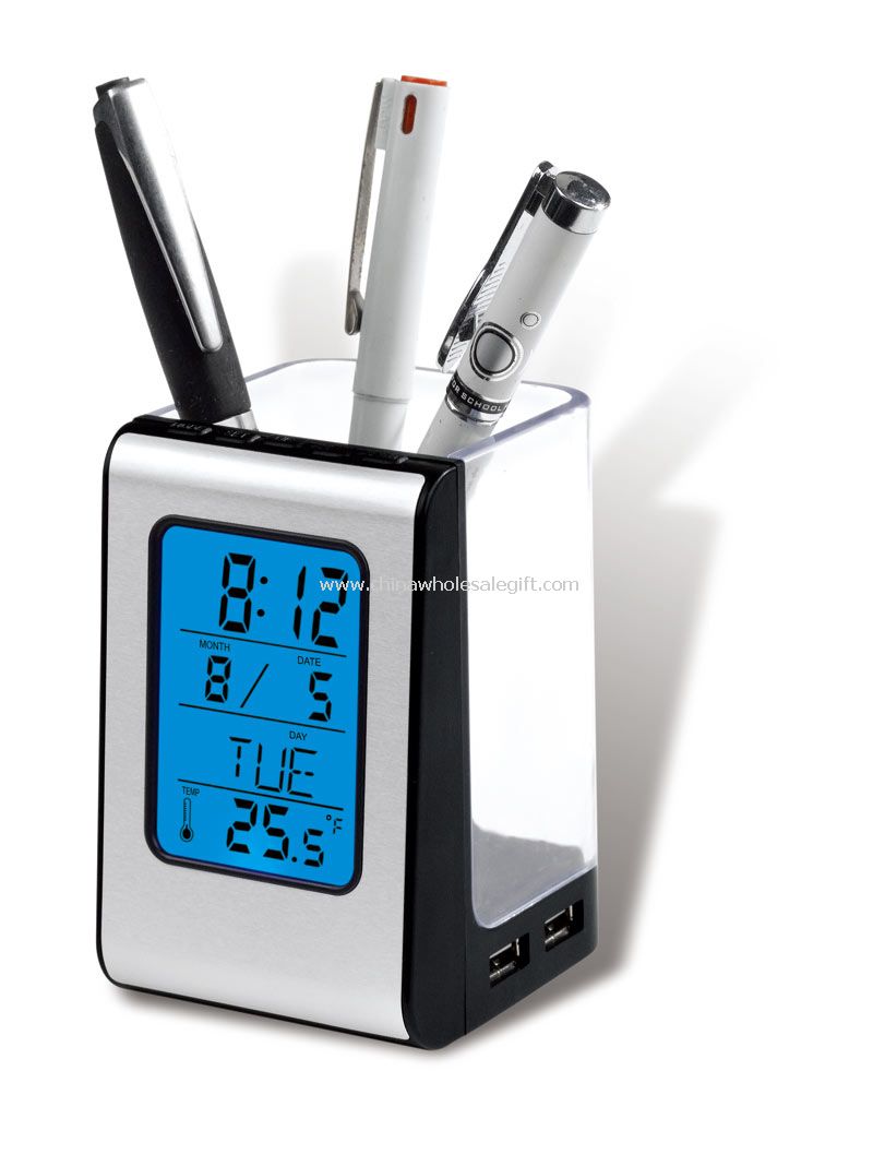 4 ports USB Hub Pen Holder & Clock
