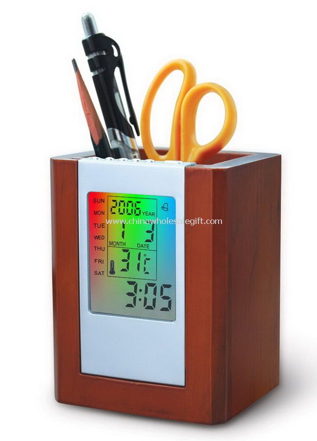 Multifunction Wooden Pen Holder with LED Flashing