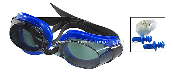 Swimming Goggles + EarPlugs + Nose Clip Tinted & Blue Frame