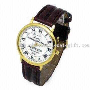 Gift Watch with Golden Alloy Case and Leather Strap