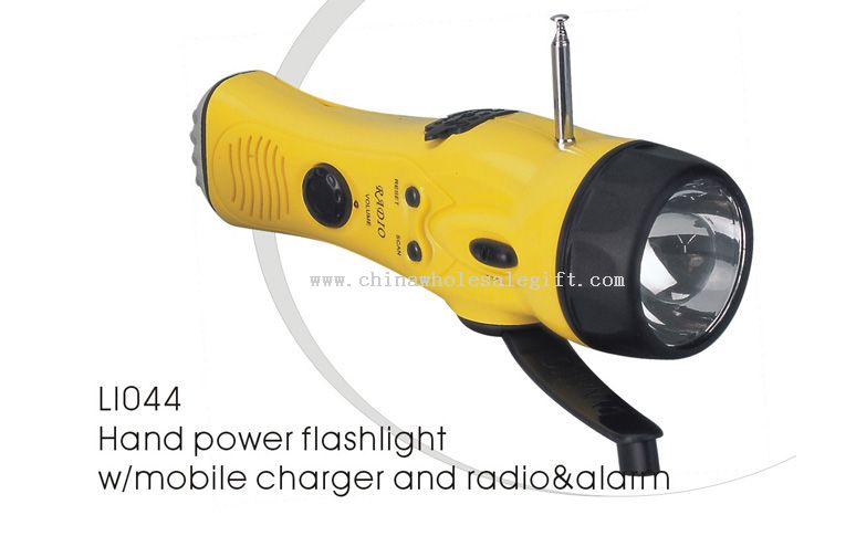 Hand power flashlight w/mobile charger and radio&alarm