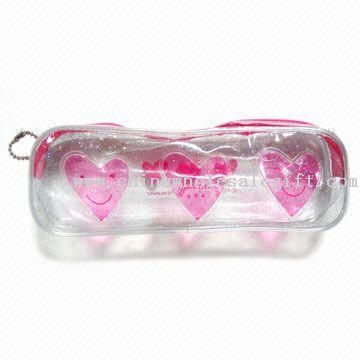 Kantong PVC Glitter dengan warna cairan dalam bentuk hati dan Zipper