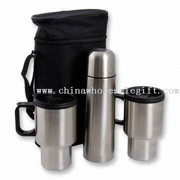 Flask Gift Set with 2pcs s/s Outer Plastic Inner Travel Mug