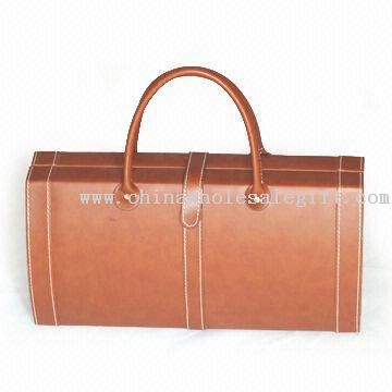 Brown PU Leather Gift Wine Handbag with Two Wine Accessories