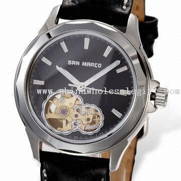 Esqueleto relógio mecânico, o movimento de cidadãos, vidro de safira, pulseira de couro genuíno Top-grade