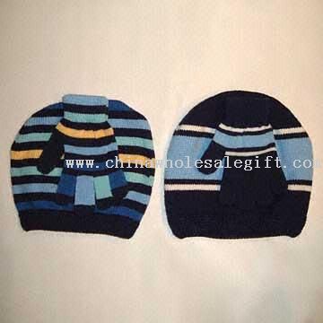 Varsity Striped Knit Cap and Gloves Set Made of Acrylic Yarn