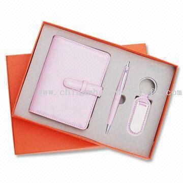 Three-piece Stationery Gift Set, Includes Notebook, Ballpen and Keychain