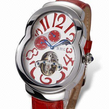 Japan automatisk multifunktionelle ur med ægte læderrem, rustfrit stål sag og spænde