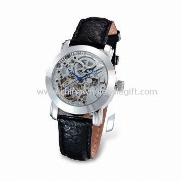 Reloj de Metal de acero inoxidable caso con movimiento automático y correa de cuero genuino