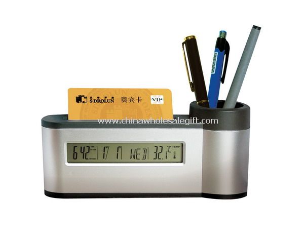 Pen holder with card case and LCD clock