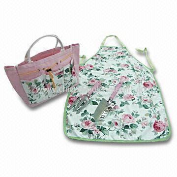 4-piece Garden Tool Set with Trowel, Plow, Rose Pattern Apron and Carry Bag