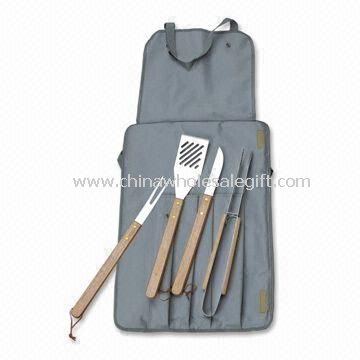 5pcs BBQ celemek Set dengan pegangan kayu fungsional penuh