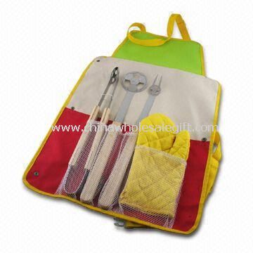 BBQ sæt med forklæde, fremstillet af rustfrit stål, omfatter gaffel, spatel, Tong og en handske