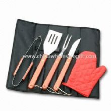 5-piece Barbecue Tool Set with Wood Handle and Black Apron images