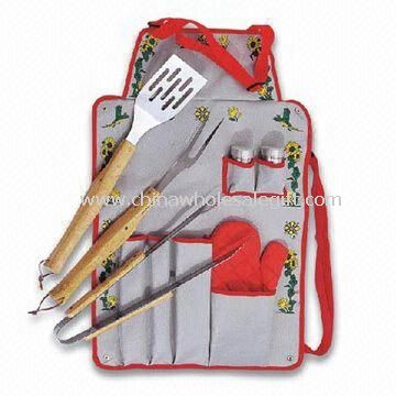 Seven-piece Barbecue Tool Set with Printed Apron Includes Pepper Shakers