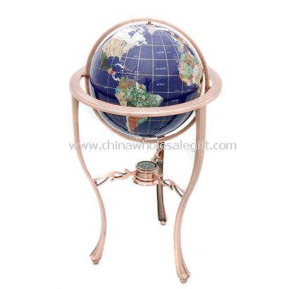 Blue Lapis Gemstone Oceans with 3-legged Bronze Floor Stand Gemstone Globe