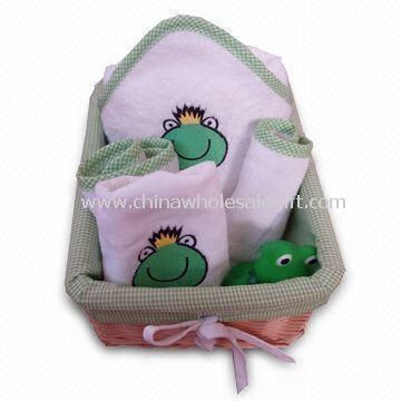 Baby Gift Set with Embroidered Design and Willow Basket Package Made of 100% Cotton Terry