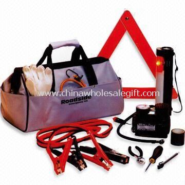 Car Tool Kit Includes Fiber Bag, Cable Booster, Flashlight, Cotton Gloves, Safety Hammer and Wrench