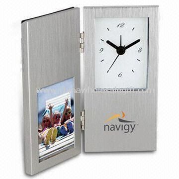 24-hour Rush Cardin Clock with Photo Frame and Hinged Brushed Finish