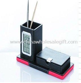 Leder Stifthalter mit Uhr und Memo-box