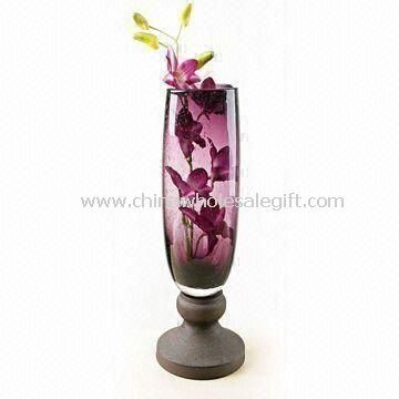 Bubbled Purple Glass Vase Centerpiece with Metal Base Suitable for Indoor Decoration