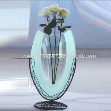 Frosted Glass Vase Includes Metal Holder and Base