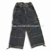 Childrens Dark Blue Baggy Denim Jeans Elastic Waist Patch Pocket with Flap images