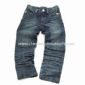 Blugi albastru Denim Unisex relaxat cu fermoar spate buzunare şi 3 inch Turn-up small picture