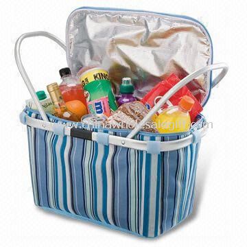 Picnic Cooling Basket with Aluminum Handles and Striped Design Polyester Outer