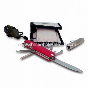 Essential Survival Kit with Classic Wine Red Color Army Knife and Small LED Flashlight