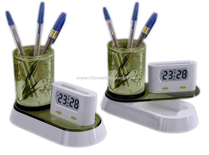 Multifunctional Pen Holder with Clock and Clip Container