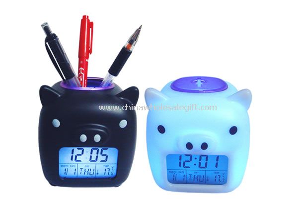 Świnka świecące LED cyfrowy zegar nastroju z pojemnik na długopisy