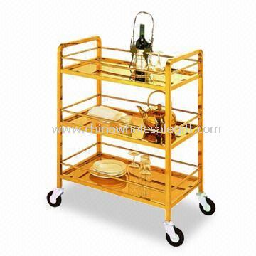 Food Trolley with Electroplated Finish, Made of Stainless Steel and Wood