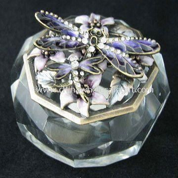 Dragonfly Trinket Box Made of Anti-brass with Epoxy and Crystal Base